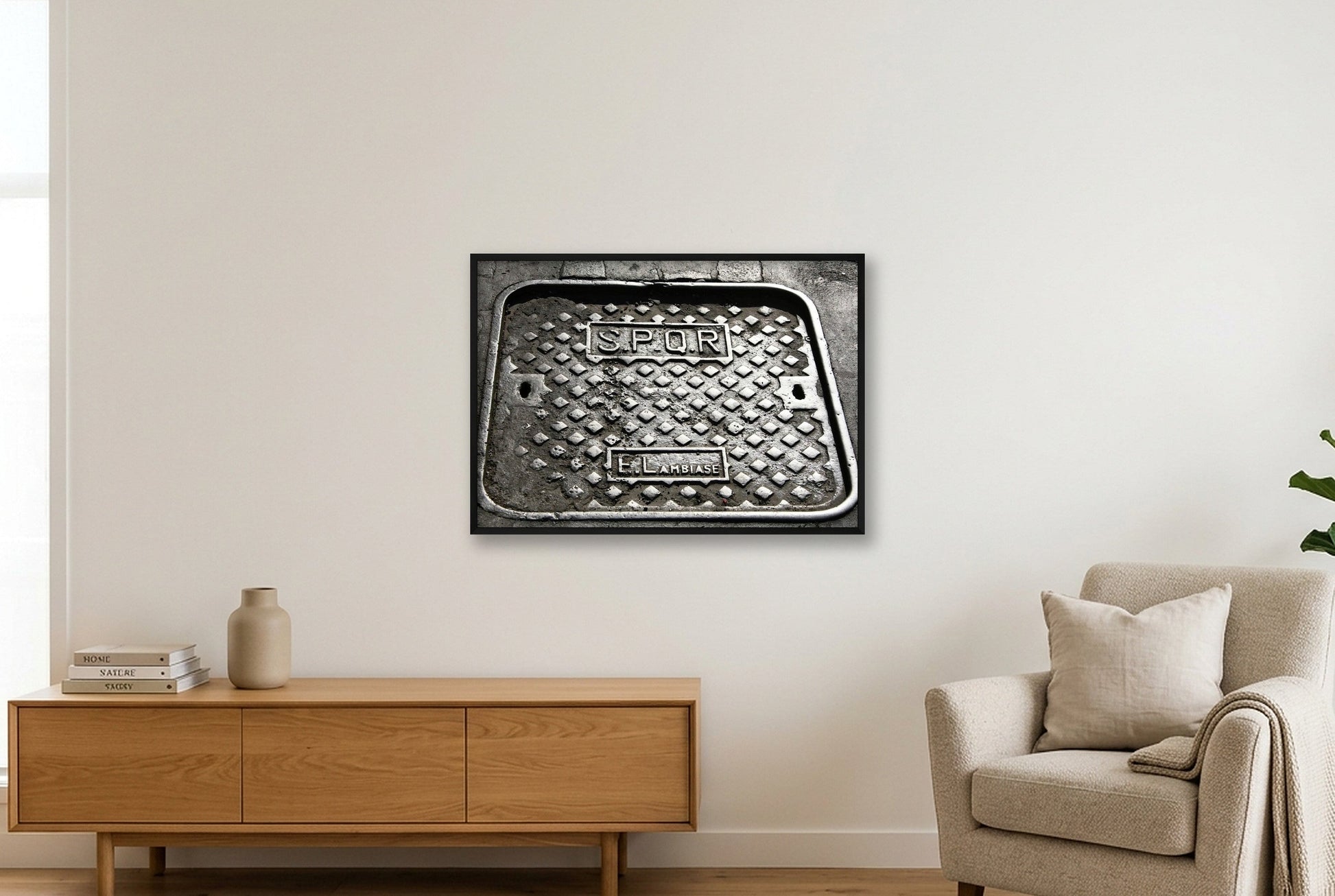 SPQR Roman Manhole Cover — 100×70cm, 39×28" Black Frame