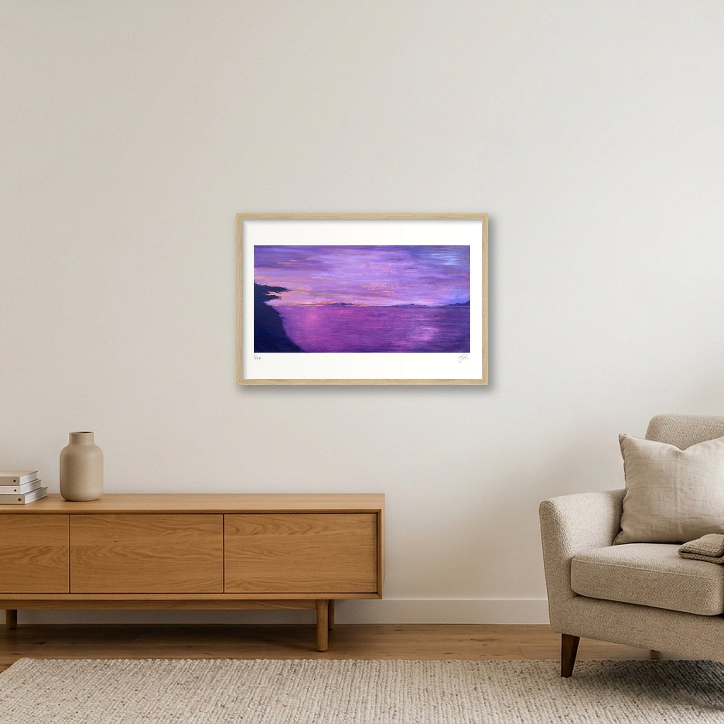 Hiroshiga Inspired Sunrise over the Ocean — 60×40cm, 24×16" Oak Frame