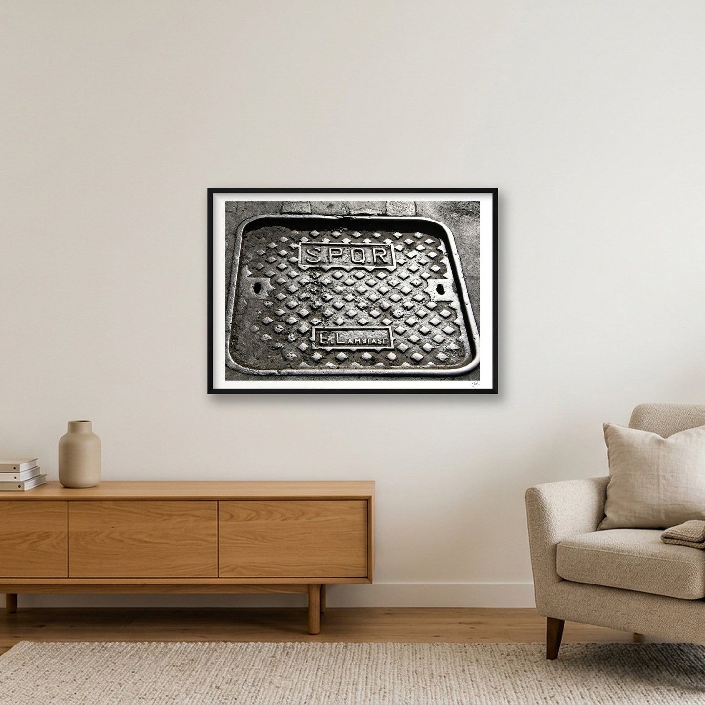 SPQR Roman Manhole Cover — 100×70cm, 39×28" Black Frame