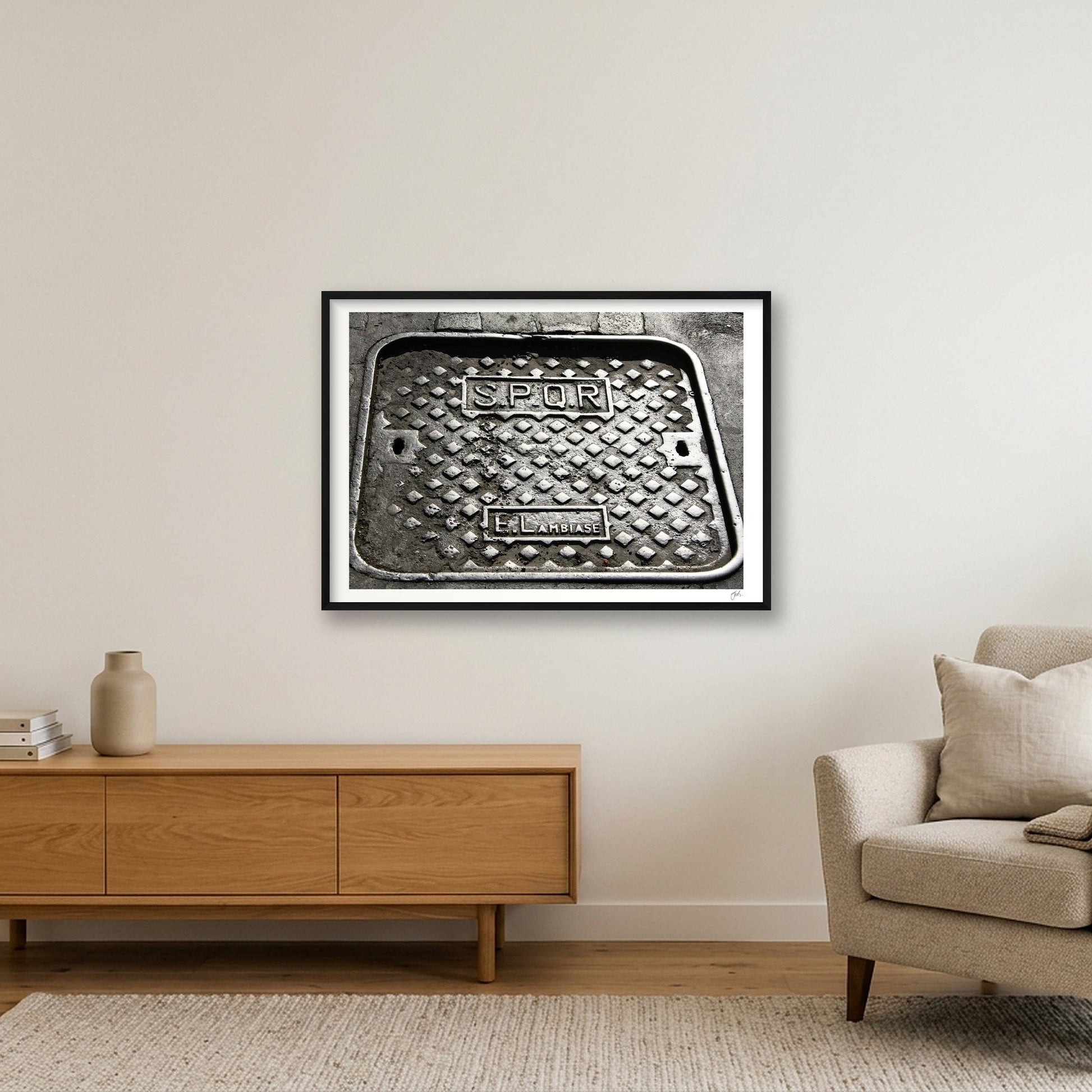 SPQR Roman Manhole Cover — 100×70cm, 39×28" Black Frame