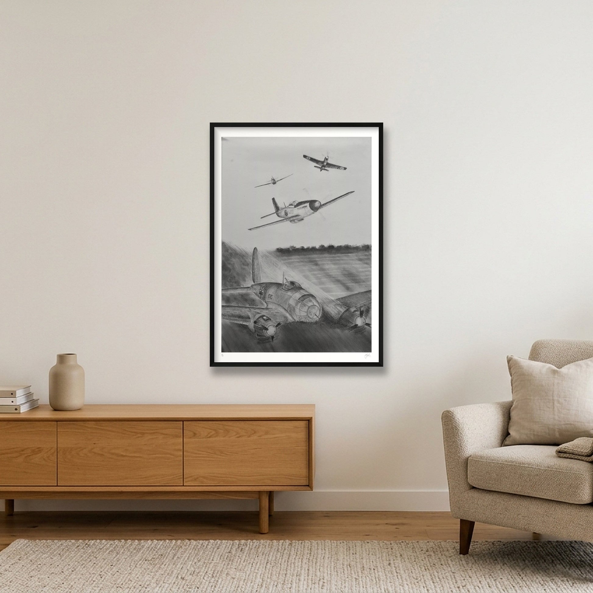 RAF P51 Mustangs Shoot Down 6 Luftwaffe Heinkels — 70×100cm, 28×39" Black Frame