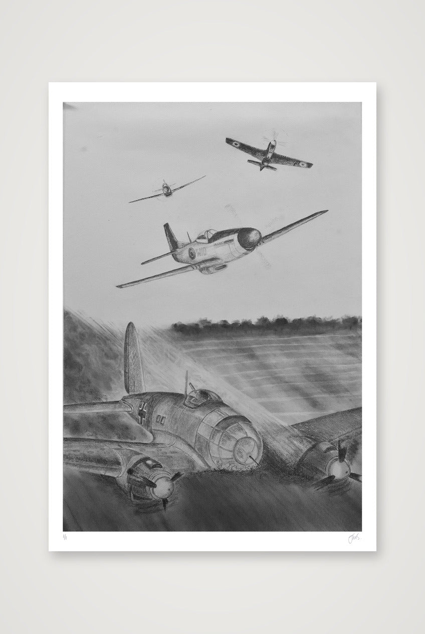RAF P51 Mustangs Shoot Down 6 Luftwaffe Heinkels — 70×100cm, 28×39" Print only