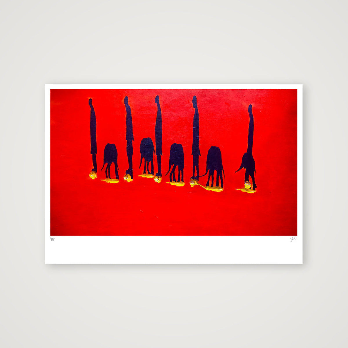 Baby Elephants and their Keepers with Long Shadows — 100×70cm, 39×28" Print only