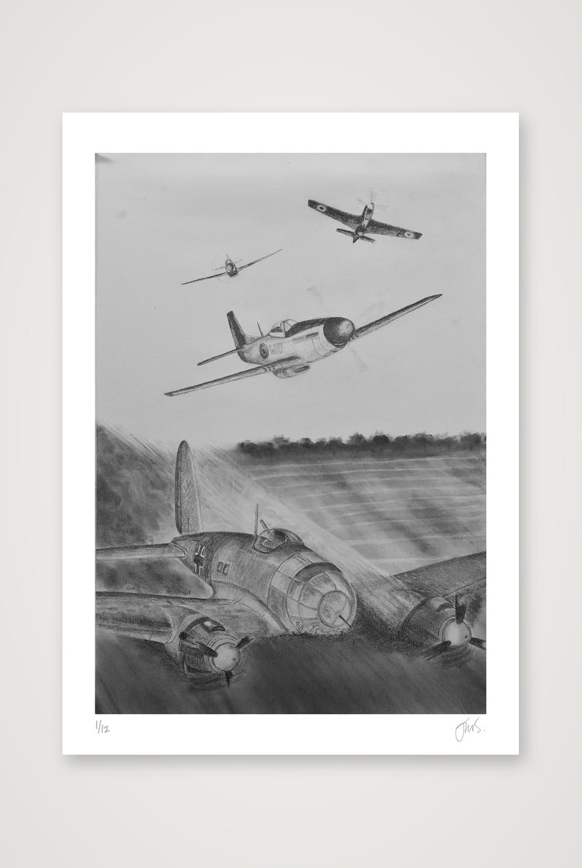 RAF P51 Mustangs Shoot Down 6 Luftwaffe Heinkels — 42×59cm, 17×23" Print only