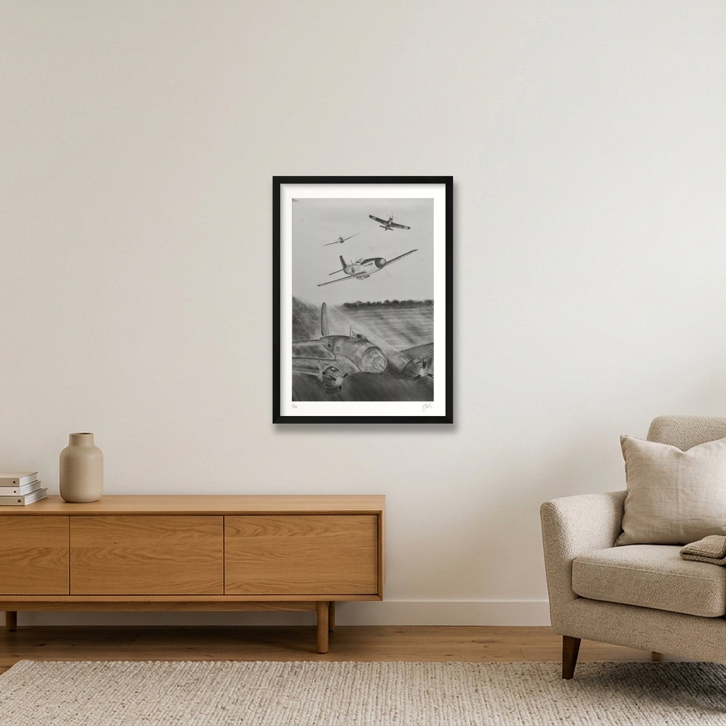 RAF P51 Mustangs Shoot Down 6 Luftwaffe Heinkels — 42×59cm, 17×23" Black Frame
