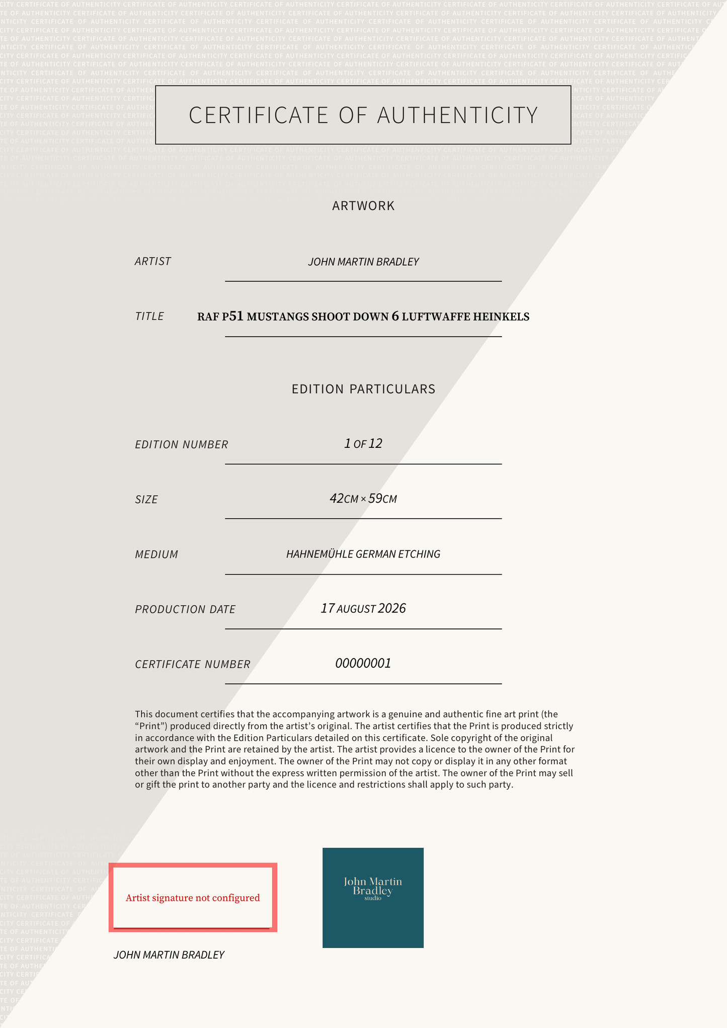 RAF P51 Mustangs Shoot Down 6 Luftwaffe Heinkels — Certificate of Authenticity