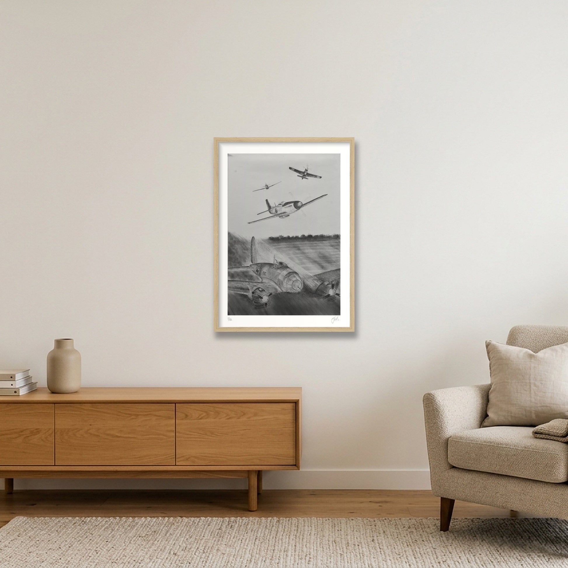 RAF P51 Mustangs Shoot Down 6 Luftwaffe Heinkels — 42×59cm, 17×23" Oak Frame