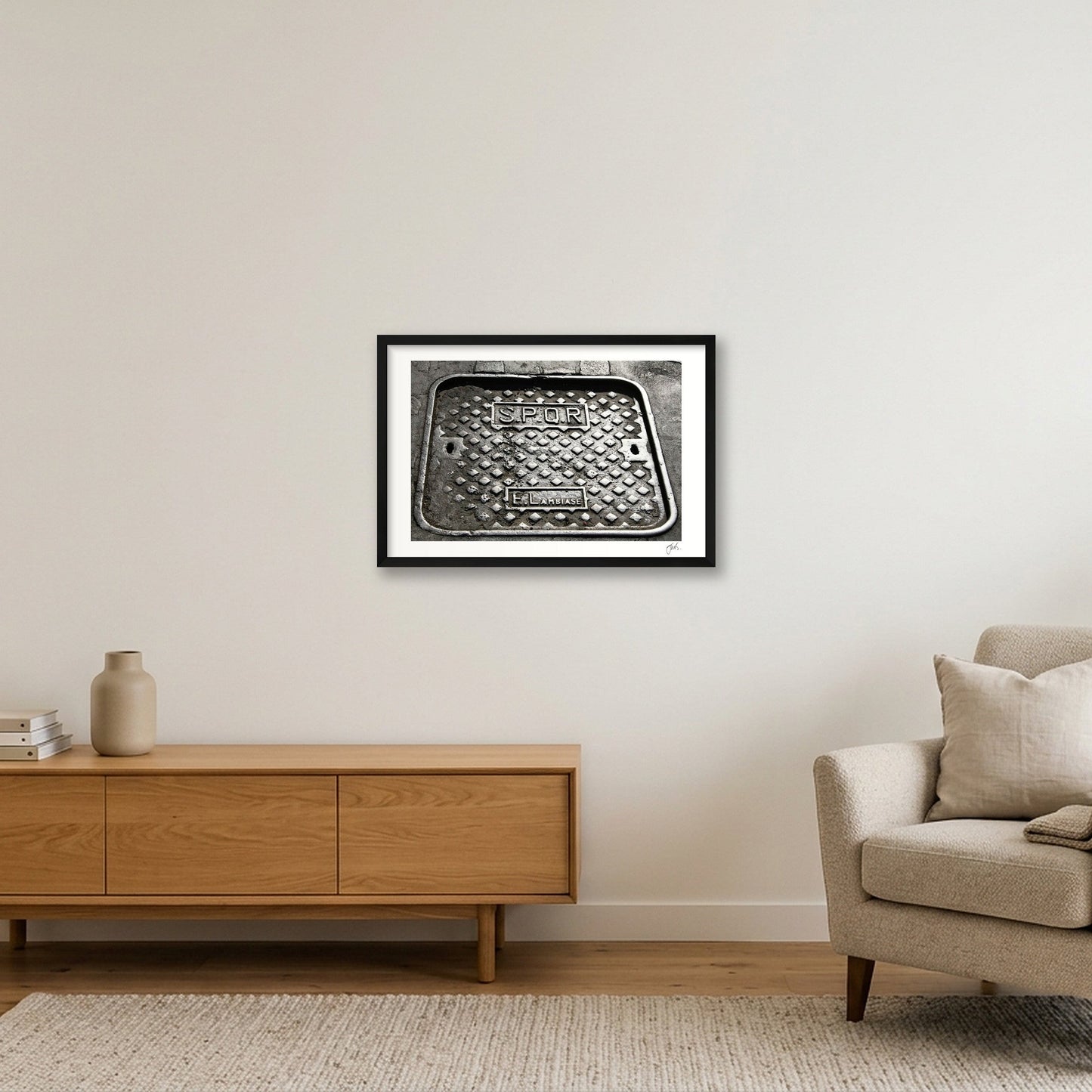 SPQR Roman Manhole Cover — 60×40cm, 24×16" Black Frame