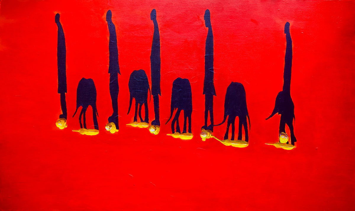 Baby Elephants and their Keepers with Long Shadows
