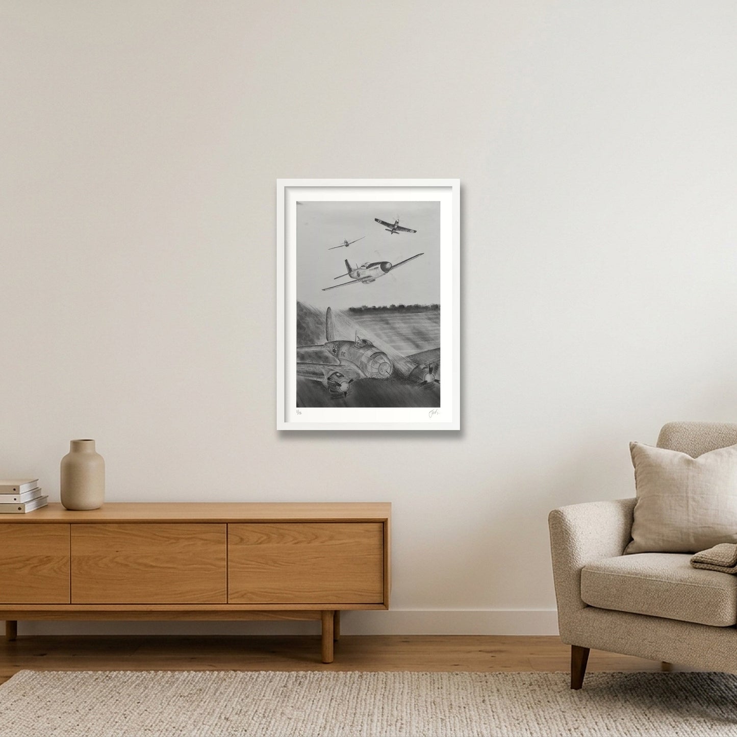 RAF P51 Mustangs Shoot Down 6 Luftwaffe Heinkels — 42×59cm, 17×23" White Frame