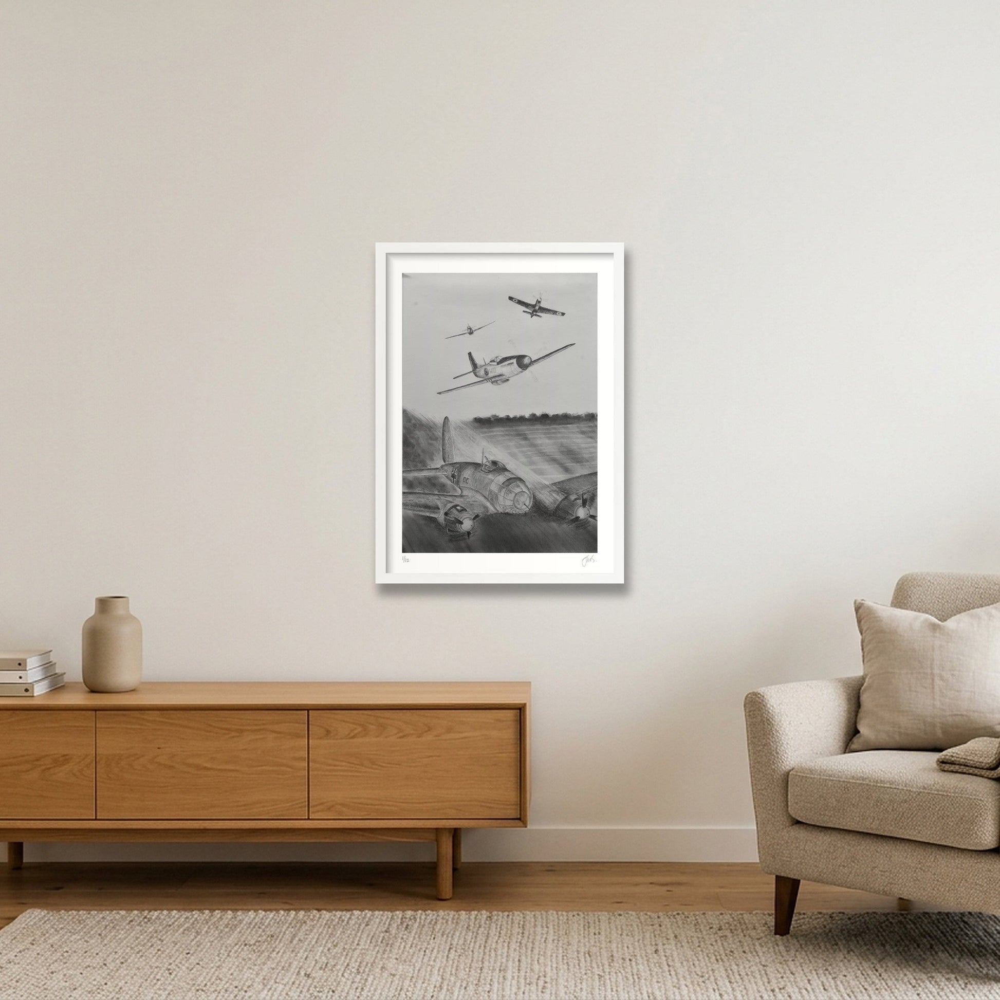 RAF P51 Mustangs Shoot Down 6 Luftwaffe Heinkels — 42×59cm, 17×23" White Frame