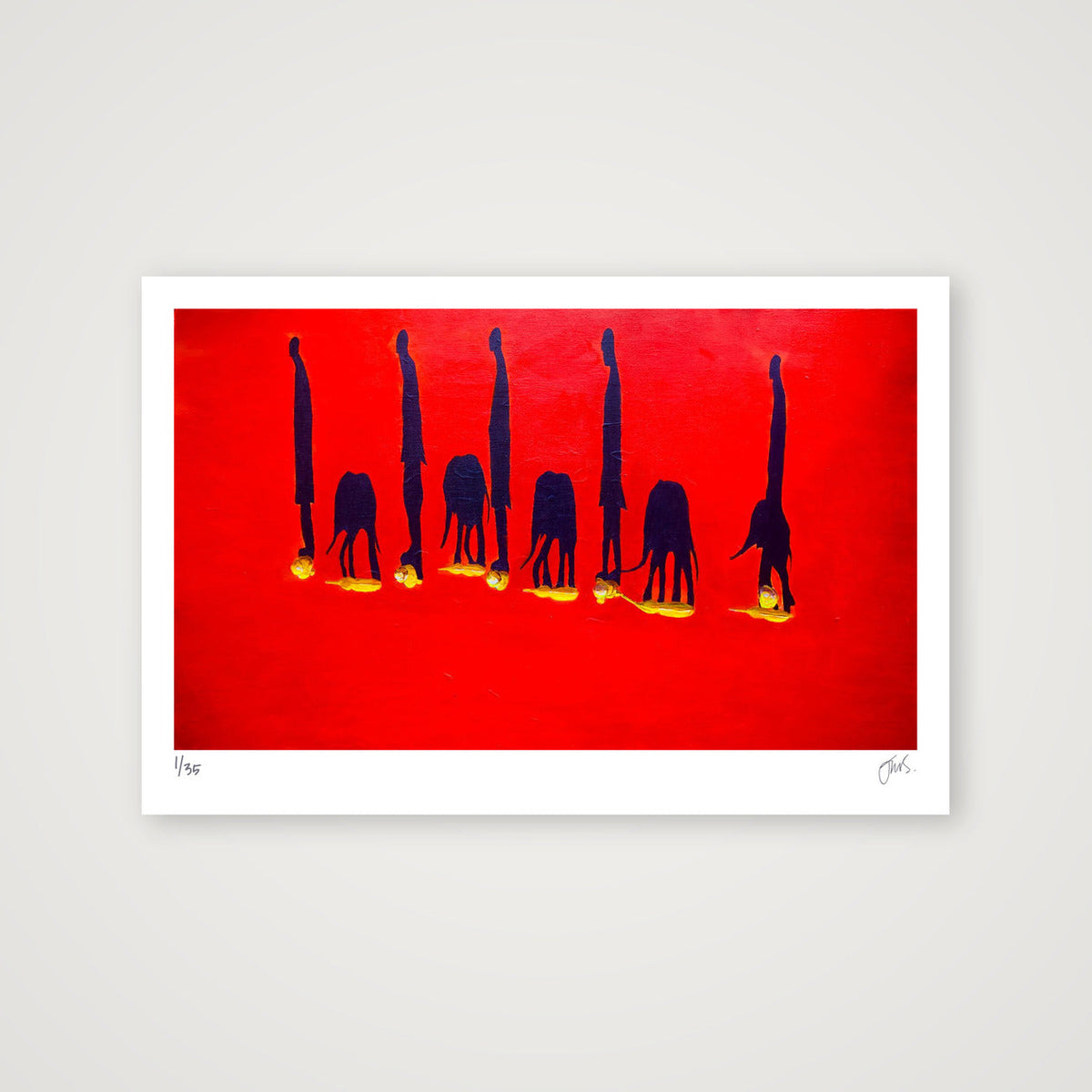 Baby Elephants and their Keepers with Long Shadows — 60×40cm, 24×16" Print only