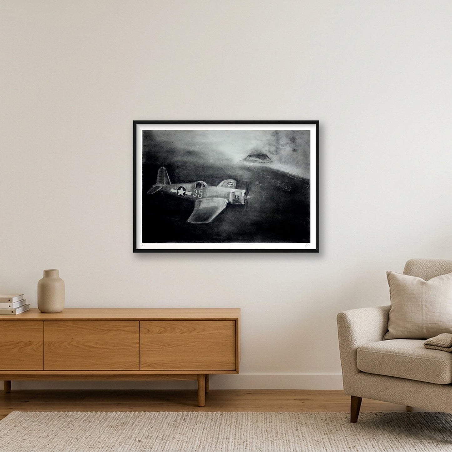 F4U Corsair Over Iwo Jima — 100×70cm, 39×28" Black Frame