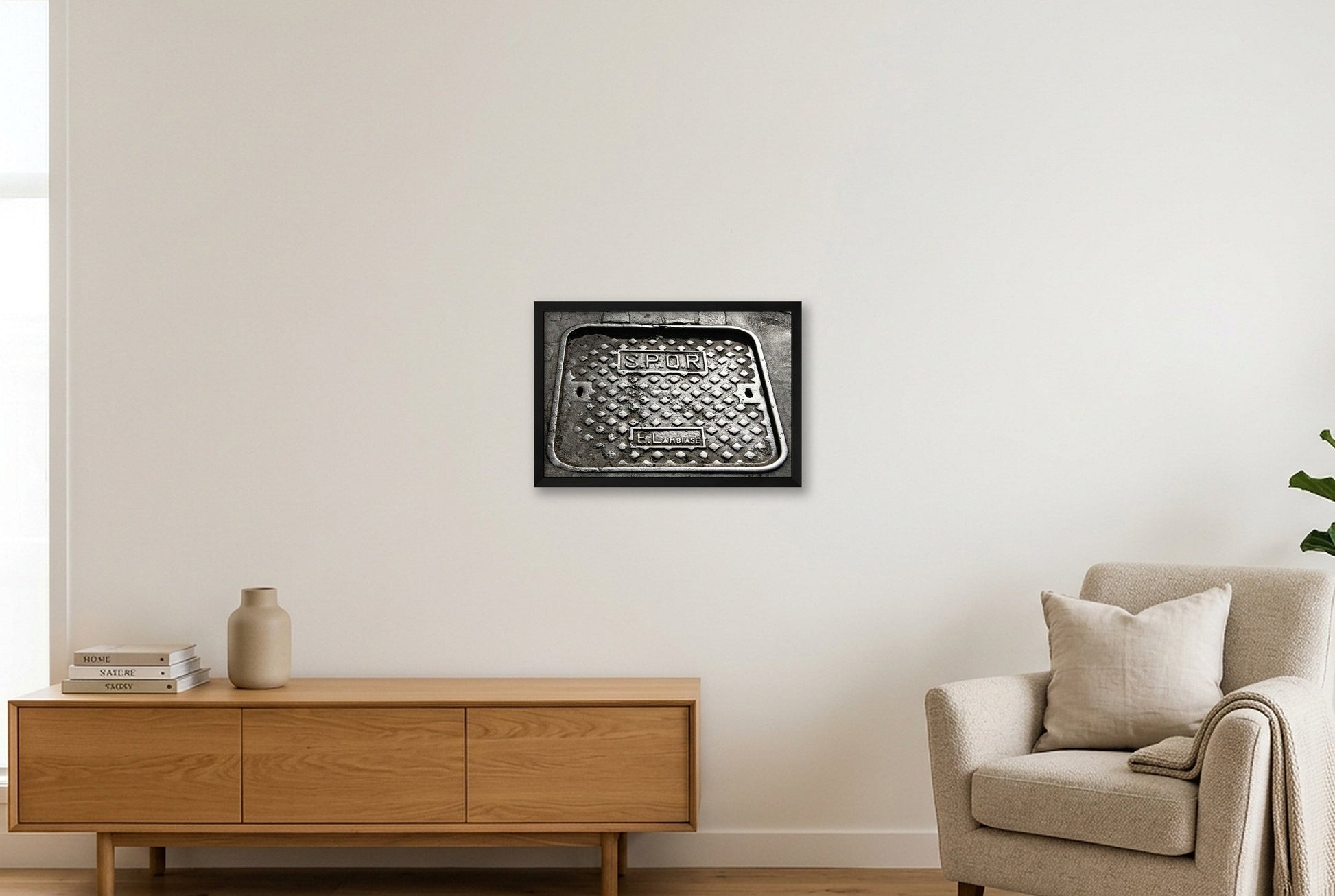 SPQR Roman Manhole Cover — 45×30cm, 18×12" Black Frame