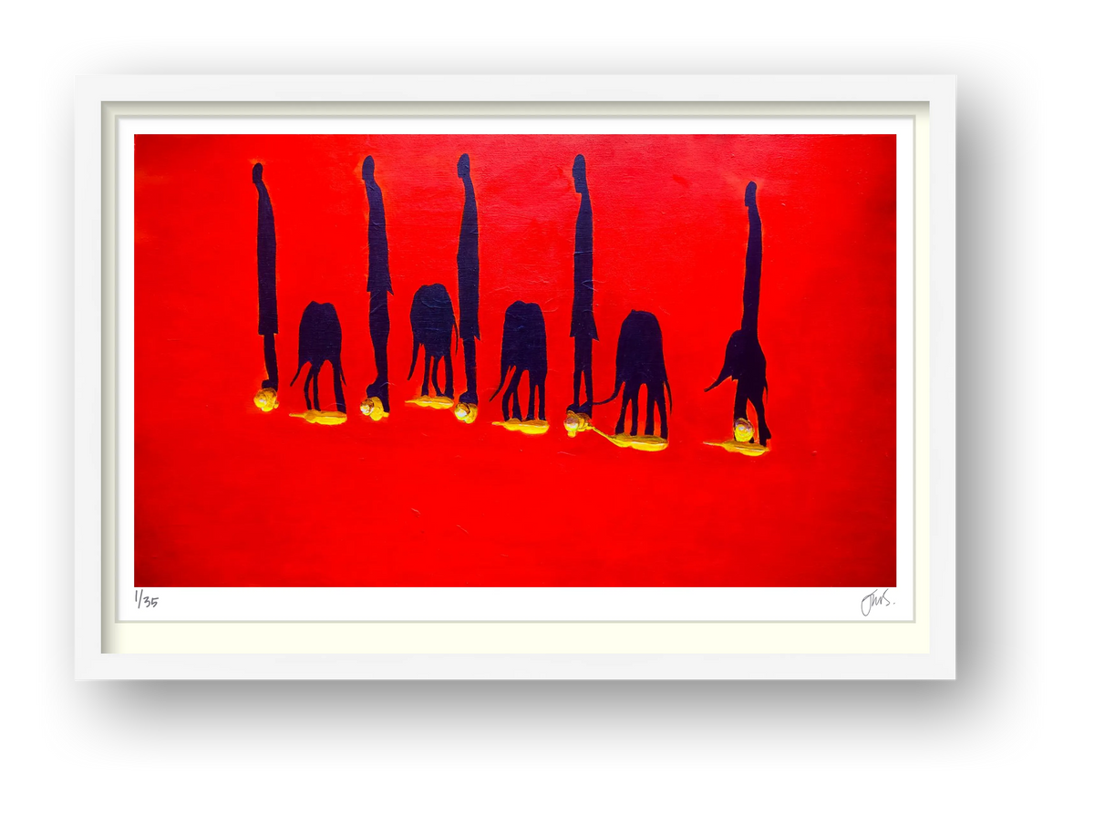 Baby Elephants and their Keepers with Long Shadows — framed