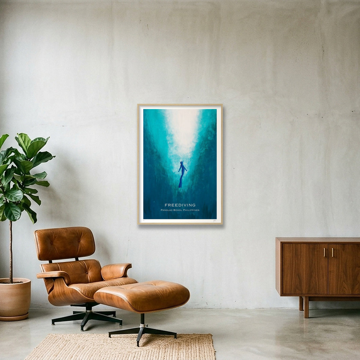 Freediving into the Light. Panglao — 70×100cm, 28×39" Oak Frame