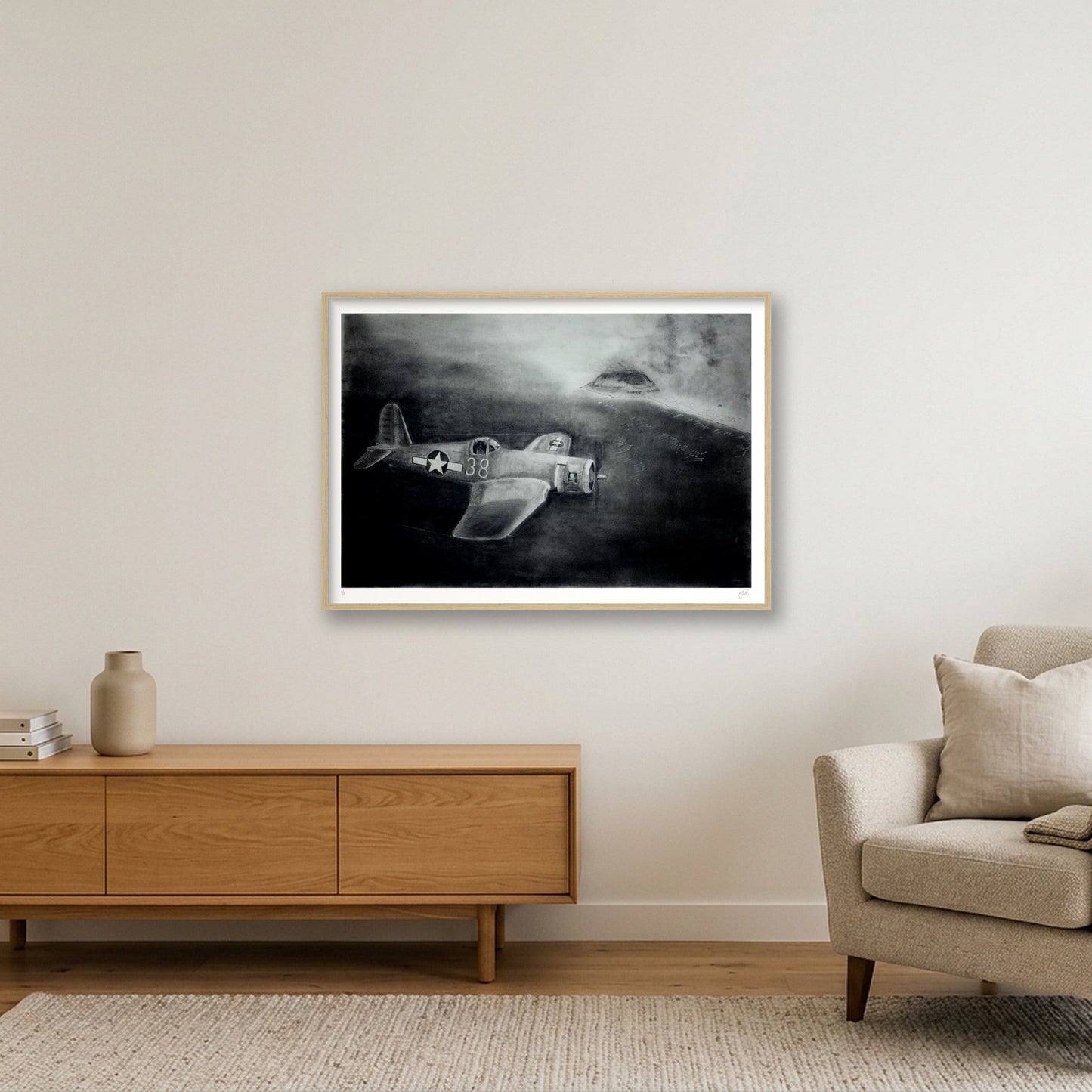 F4U Corsair Over Iwo Jima — 100×70cm, 39×28" Oak Frame