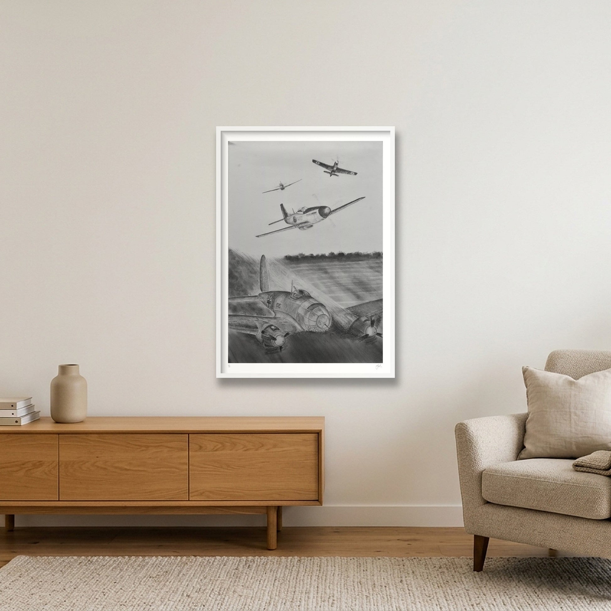 RAF P51 Mustangs Shoot Down 6 Luftwaffe Heinkels — 70×100cm, 28×39" White Frame