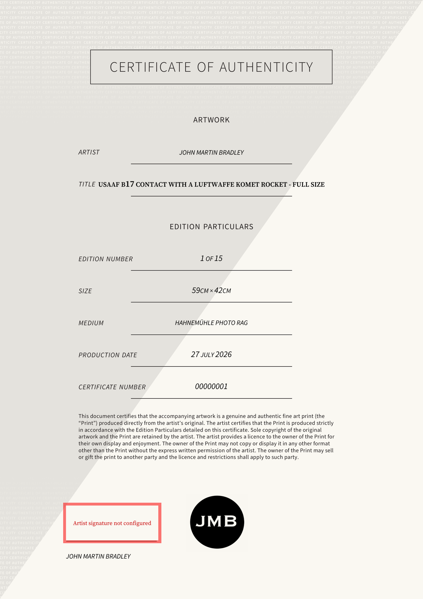 USAAF B17 Contact with a Luftwaffe Komet Rocket - FULL SIZE — Certificate of Authenticity
