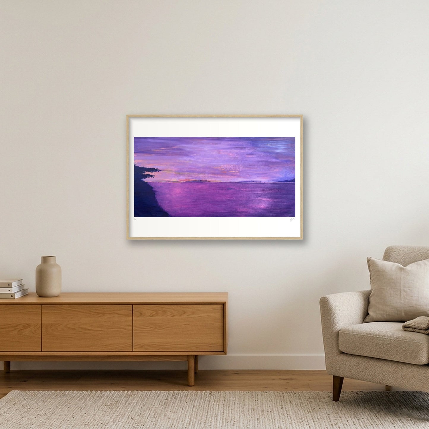 Hiroshiga Inspired Sunrise over the Ocean — 100×70cm, 39×28" Oak Frame
