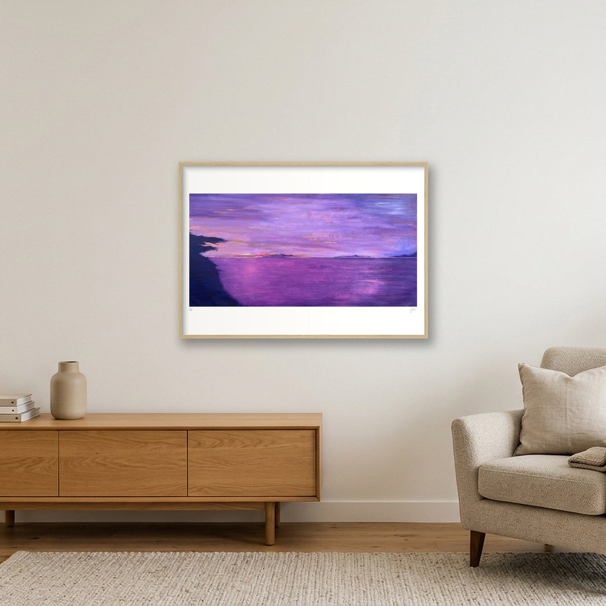 Hiroshiga Inspired Sunrise over the Ocean — 100×70cm, 39×28" Oak Frame