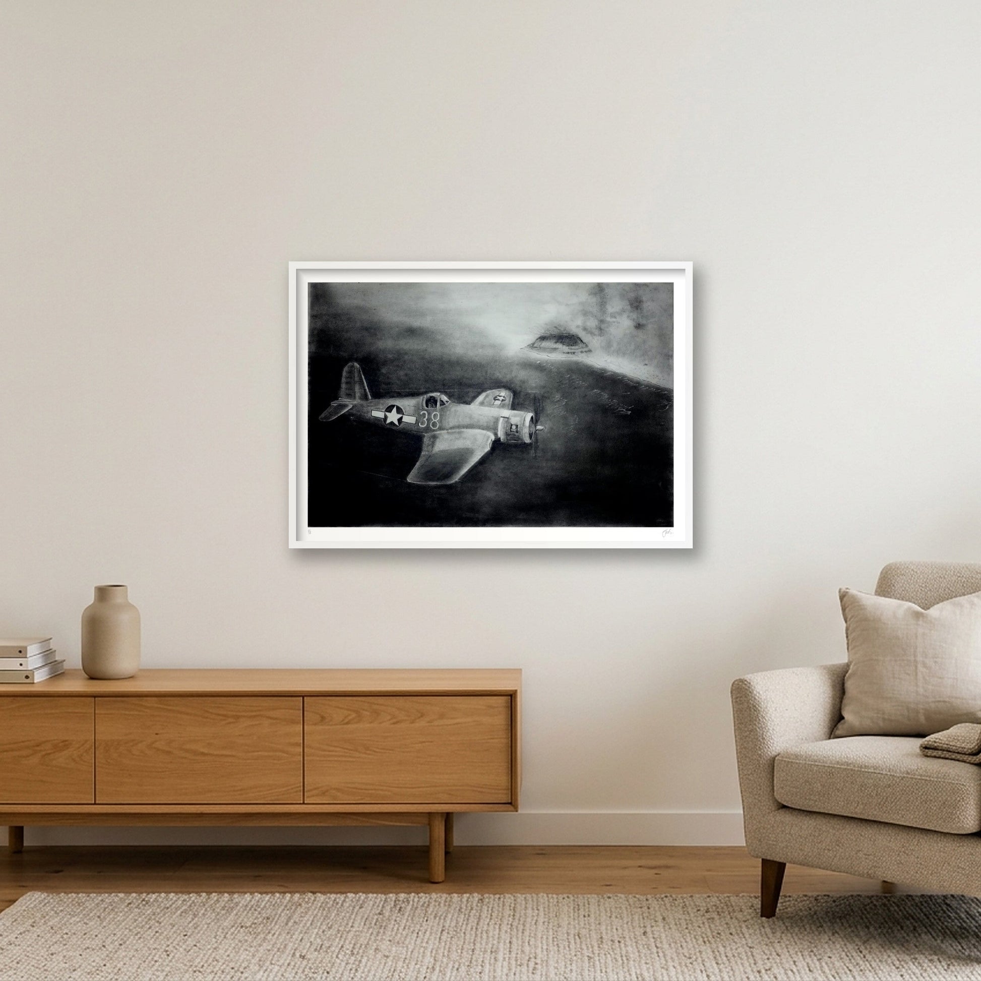 F4U Corsair Over Iwo Jima — 100×70cm, 39×28" White Frame