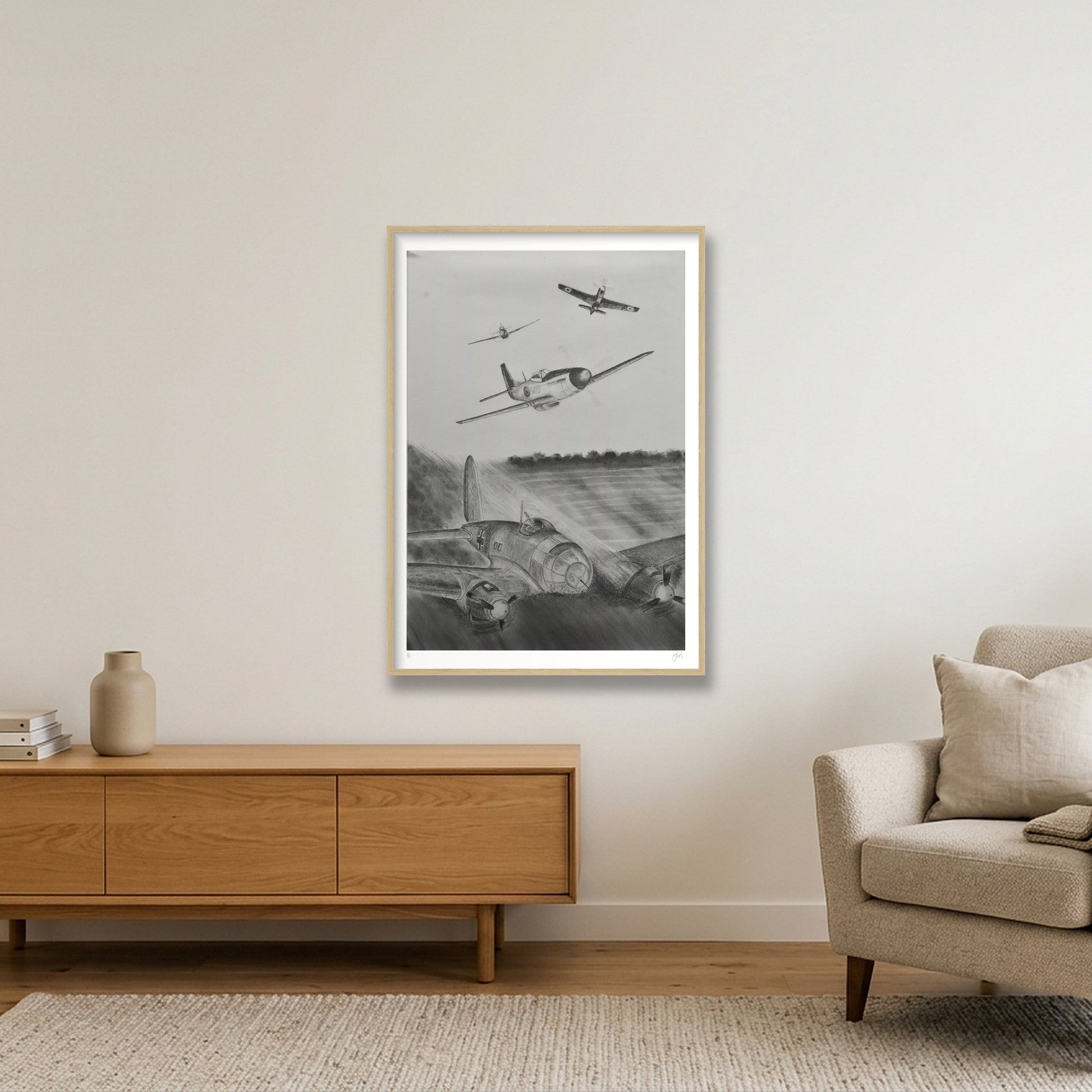 RAF P51 Mustangs Shoot Down 6 Luftwaffe Heinkels — 70×100cm, 28×39" Oak Frame