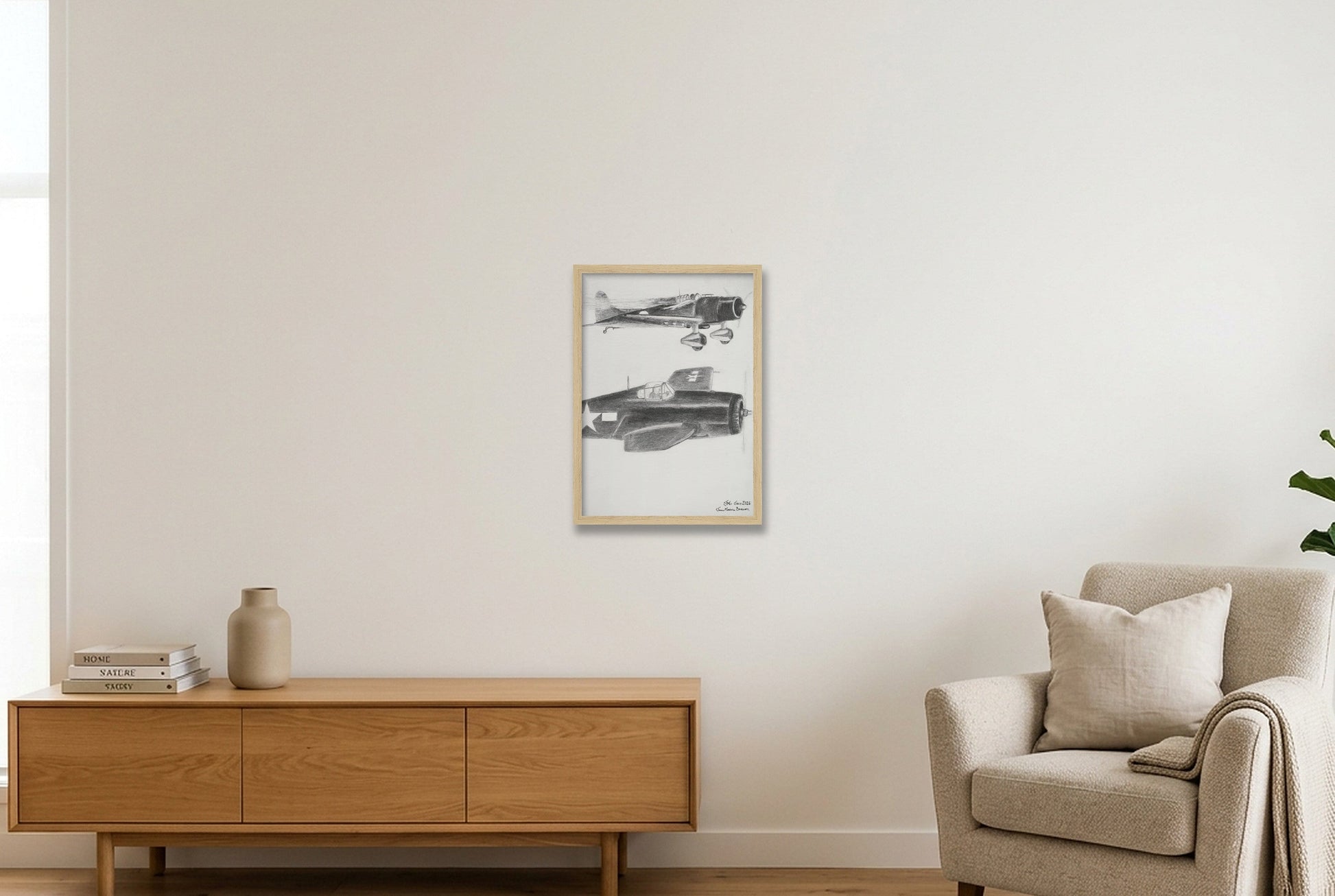 Eye-to-Eye Contact - USN Pilot Bill Hardy v Kamikaze Pilot. — A3 (30×42cm, 12×17") Oak Frame