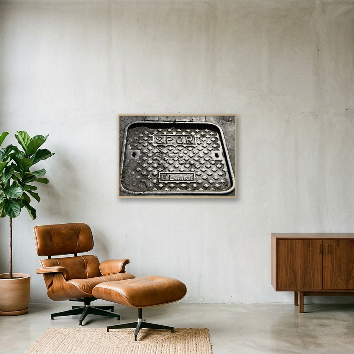SPQR Roman Manhole Cover — 100×70cm, 39×28" Oak Frame