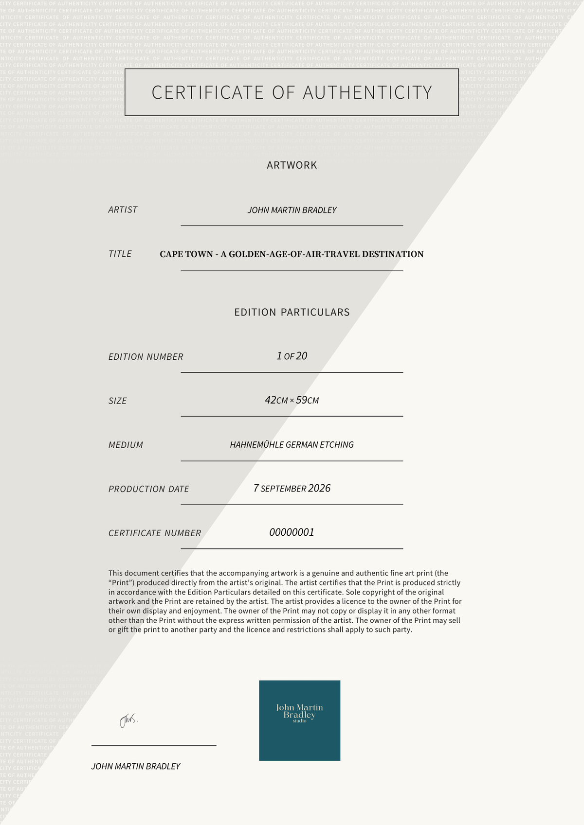 Cape Town - a Golden-Age-of-AIr-Travel Destination — Certificate of Authenticity