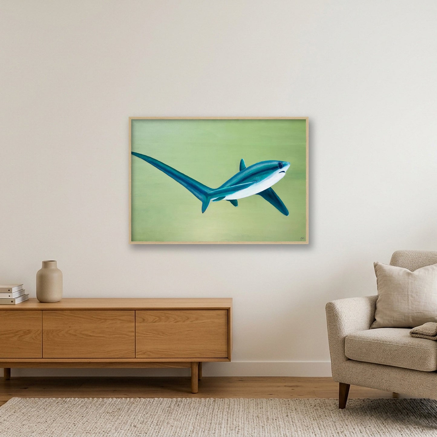 Thresher Shark Turning — 100×70cm, 39×28" Oak Frame